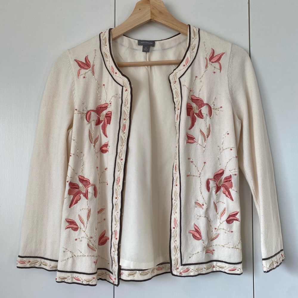 Ann Taylor flower embroidered and beaded detail cardigan